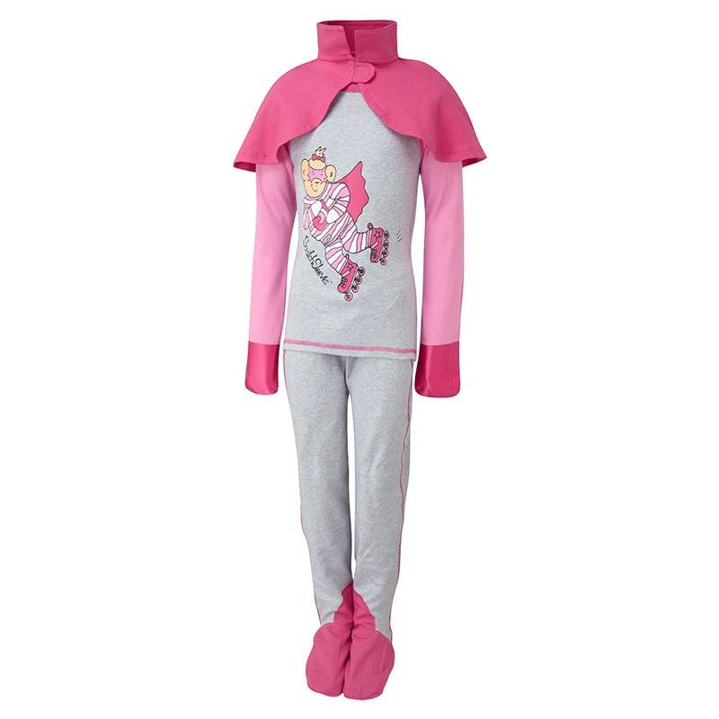Front view of ScratchSleeves children's happy pink superhero pyjama top and bottoms set with cape. External shoulder, neck, hem, leg, waist and crutch seams with pink stitching. Pyjama top has a print of a bear wearing striped pyjamas, a cape and roller skates. Pink woven cotton over the front of the foot, under the toe and inside of ankle. 100% cotton jersey body and legs in grey marl with pink sleeves. Dark pink cape and 100% natural silk sewn in mitts.