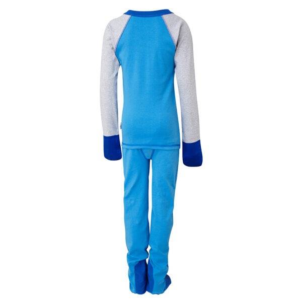 Back view of ScratchSleeves children's kingfisher blue superhero pyjamas. External shoulder, neck, hem, leg, waist and bottom seams with blue stitching. Dark blue woven cotton over the front of the foot, under the toe and inside of ankle. Blue, 100% cotton jersey body and legs with grey marl sleeves. Dark blue neck and 100% natural silk sewn in mitts.