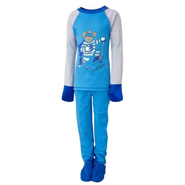 Front view of ScratchSleeves children's kingfisher blue superhero pyjamas. External shoulder, neck, hem, leg, waist and crutch seams with blue stitching. Pyjama top has a print of a bear wearing striped pyjamas, a cape and riding a scooter. Dark blue woven cotton over the front of the foot, under the toe and inside the ankle. Blue, 100% cotton jersey body and legs with grey marl sleeves. Dark blue neck and 100% natural silk sewn in mitts.