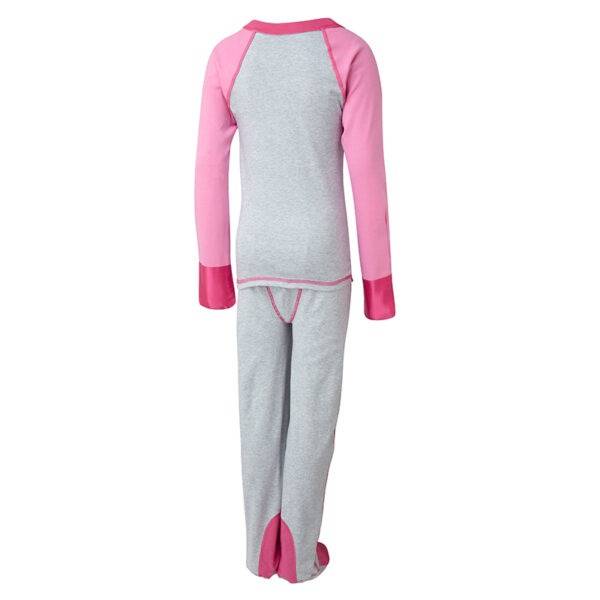 Back view of ScratchSleeves children's happy pink superhero pyjama top and bottoms set. External shoulder, neck, hem, leg, waist and bottom seams with pink stitching. Dark pink woven cotton over the front of the foot, under the toe and inside of ankle. 100% cotton jersey body and legs in grey marl with pink sleeves. Dark pink neck and 100% natural silk sewn in mitts.