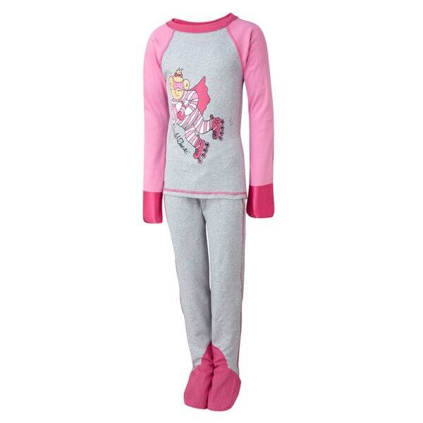 Front view of ScratchSleeves children's happy pink superhero pyjama top and bottoms set. External shoulder, neck, hem, leg, waist and crutch seams with pink stitching. Pyjama top has a print of a bear wearing striped pyjamas, a cape and roller skates. Pink woven cotton over the front of the foot, under the toe and inside of ankle. 100% cotton jersey body and legs in grey marl with pink sleeves. Dark pink neck and 100% natural silk sewn in mitts.