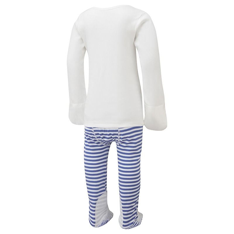 Back view of children's blue sleepy bear ScratchSleeves pyjama top and bottoms set. White pyjama top with popper neck and sewn in mitts. Blue and white striped pyjama bottoms with external leg, waist and bottom seams with white stitching. Closed feet with a layer of white, 100% woven cotton over the front of the foot, under the toe and inside of ankle. 100% cotton jersey body, arms and legs with 100% natural silk mitts.