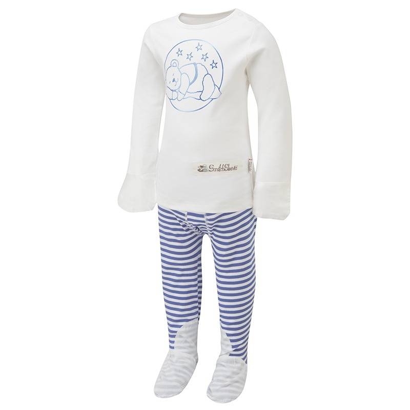 Front view of children's blue sleepy bear ScratchSleeves pyjama top and bottoms set. White pyjama top with popper neck, sewn in mitts and blue sleeping bear print. Blue and white striped pyjama bottoms with external leg, waist and crutch seams with white stitching. Closed feet with a layer of white, 100% woven cotton over the front of the foot, under the toe and inside of ankle. 100% cotton jersey body, arms and legs with 100% natural silk mitts. External label and branding on the left side towards the base of the top.