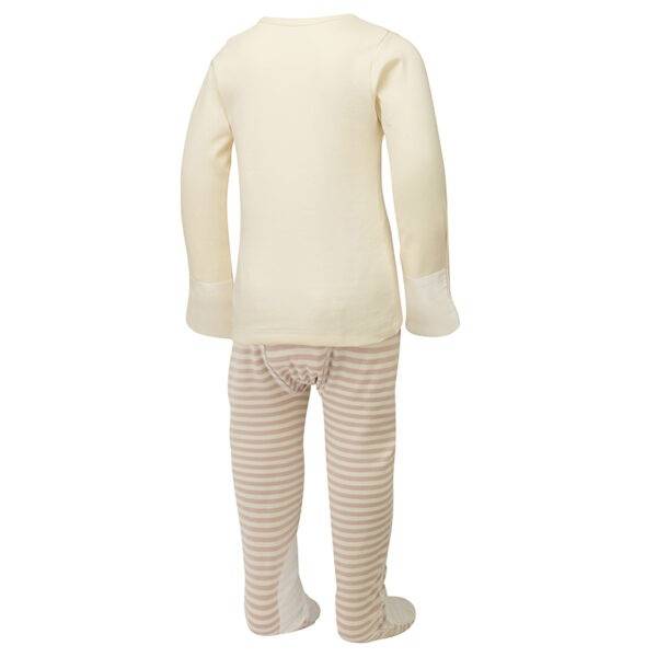Back view of children's cappuccino sleepy bear ScratchSleeves pyjama top and bottoms set. Cream pyjama top with popper neck and sewn in mitts. Cappuccino and cream striped pyjama bottoms with external leg, waist and bottom seams with white stitching. Closed feet with a layer of white, 100% woven cotton over the front of the foot, under the toe and inside of ankle. 100% cotton jersey body, arms and legs with 100% natural silk mitts.