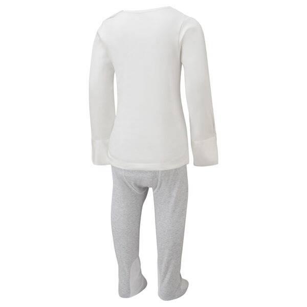 Back view of children's grey sleepy bear ScratchSleeves pyjama top and bottoms set. White pyjama top with popper neck and sewn in mitts. Grey marl pyjama bottoms with external leg, waist and bottom seams with white stitching. Closed feet with a layer of white, 100% woven cotton over the front of the foot, under the toe and inside of ankle. 100% cotton jersey body, arms and legs with 100% natural silk mitts.
