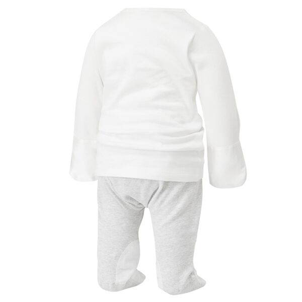 Back view of babies grey sleepy bear ScratchSleeves pyjama top and bottoms set. White pyjama top with popper neck and sewn in mitts. Grey marl pyjama bottoms with external leg, waist and bottom seams with white stitching. Closed feet with a layer of white, 100% woven cotton over the front of the foot, under the toe and inside of ankle. 100% cotton jersey body, arms and legs with 100% natural silk mitts.