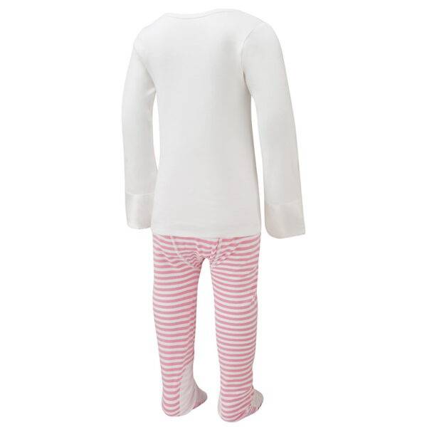 Back view of children's pink sleepy bear ScratchSleeves pyjama top and bottoms set. White pyjama top with popper neck and sewn in mitts. Pink and white striped pyjama bottoms with external leg, waist and bottom seams with white stitching. Closed feet with a layer of white, 100% woven cotton over the front of the foot, under the toe and inside of ankle. 100% cotton jersey body, arms and legs with 100% natural silk mitts.