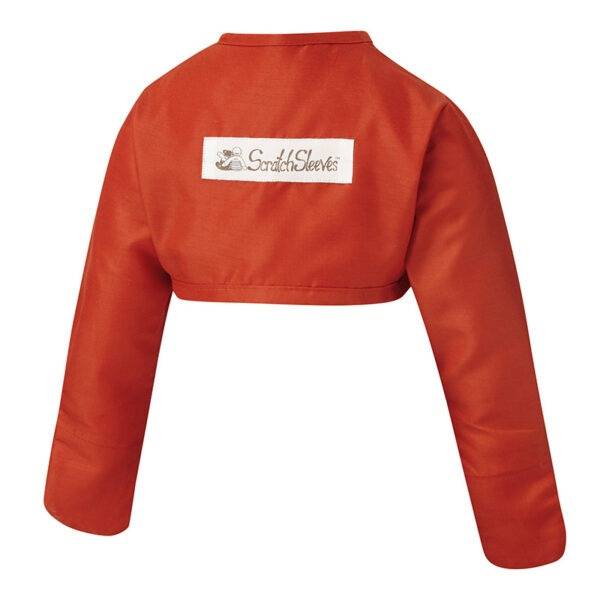 Front view of children's bolero style ScratchSleeves SplashSleeves. Red body and long sleeves with sewn in eczema mitts. 100% quick draining poly-cotton. External branding in the middle of the back.