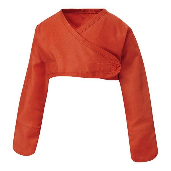Front view of children's bolero style ScratchSleeves SplashSleeves. Red body and long sleeves with sewn in eczema mitts. Cross-over front with two hook and loop tabs which secure the SplashSleeves in place. 100% quick draining poly-cotton.
