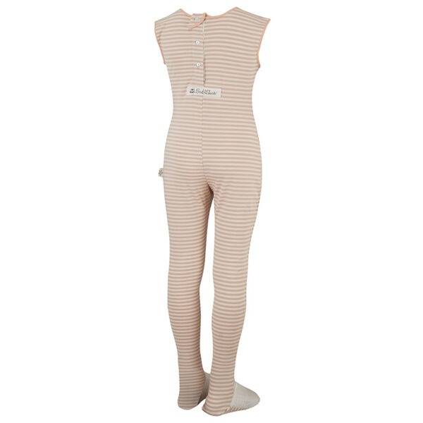 Back view of ScratchSleeves teens cappuccino stripe dungarees with sewn in feet. Reinforced opening at the back, from the neck down to mid back with white buttons holding it closed. Additional button to the right with loop closure and extra tab which folds over to the neckline with button fastening. Closed feet with a layer of white, 100% woven cotton over the front of the foot and under the toe. Cappuccino and cream striped, sleeveless body in 100% cotton jersey, edged in cappuccino woven cotton trim on the arm and neck. External branding on the back at the bottom of the opening.