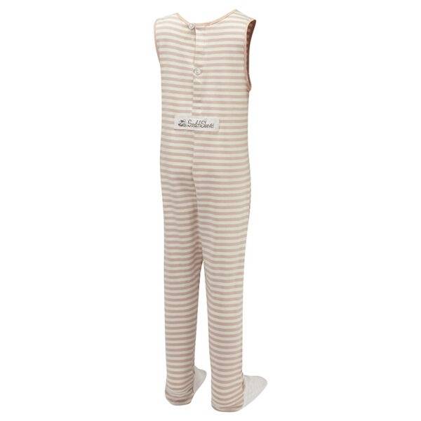 Back view of ScratchSleeves children's cappuccino stripe dungarees with sewn in feet. Reinforced opening at the back, from the neck down to mid back with white buttons holding it closed. Additional button to the right with loop closure and extra tab which folds over to the neckline with button fastening. Closed feet with a layer of white, 100% woven cotton over the front of the foot and under the toe. Cappuccino and cream striped, sleeveless body in 100% cotton jersey, edged in cappuccino woven cotton trim on the arm and neck. External branding on the back at the bottom of the opening.