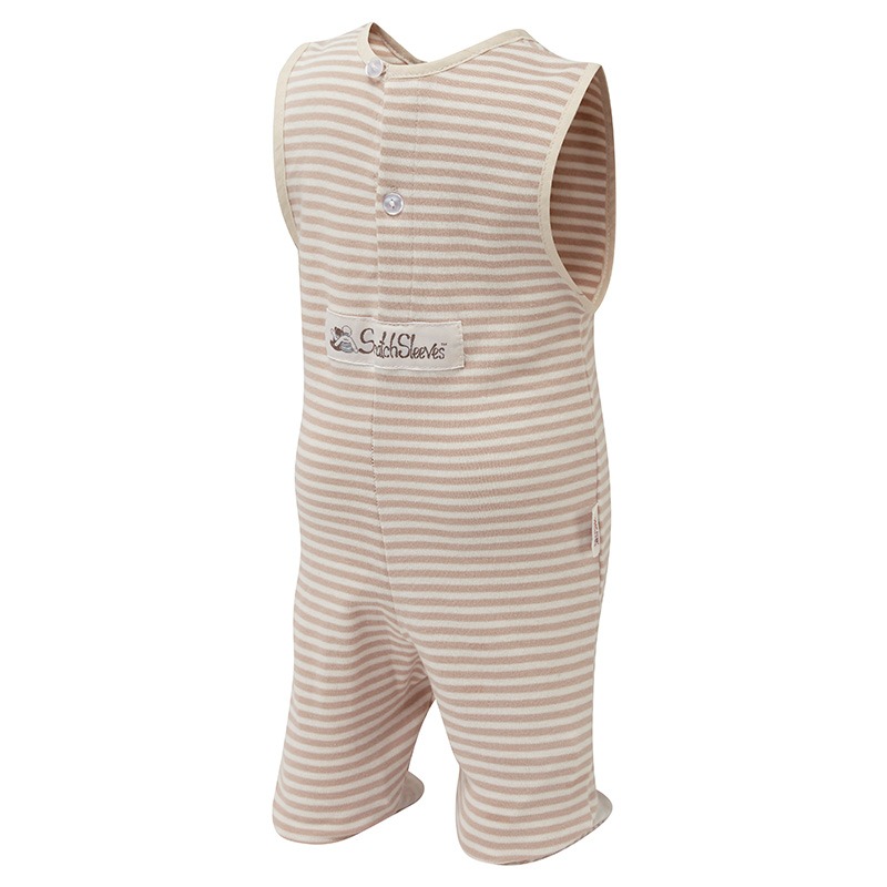 Back view of ScratchSleeves toddlers cappuccino stripe dungarees with sewn in feet. Reinforced opening at the back, from the neck down to mid back with white buttons holding it closed. Additional button to the right with loop closure and extra tab which folds over to the neckline with button fastening. Closed feet with a layer of white, 100% woven cotton over the front of the foot and under the toe. Cappuccino and cream striped, sleeveless body in 100% cotton jersey, edged in cappuccino woven cotton trim on the arm and neck. External branding on the back at the bottom of the opening.