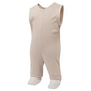 Front view of ScratchSleeves toddlers cappuccino stripe dungarees with sewn in feet. Closed feet with a layer of white, 100% woven cotton over the front of the foot and under the toe. Cappuccino and cream striped, sleeveless body in 100% cotton jersey, edged in cappuccino woven cotton trim on the arm and neck.