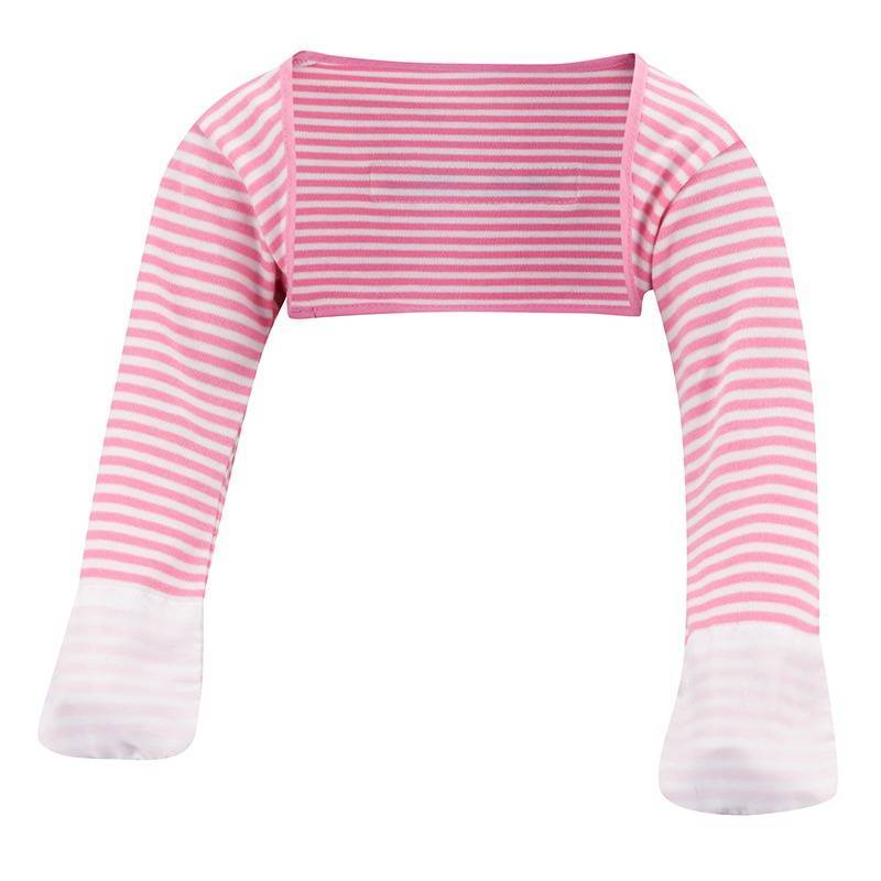 Front view of toddlers bolero style pink stripe ScratchSleeves. Pink and white stripe body and long sleeves with pink trim and white sewn in eczema mitts. 100% cotton body and 100% natural silk mitts.