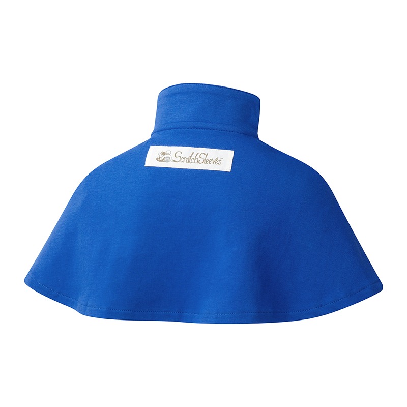 Back view of ScratchSleeves children's kingfisher blue superhero cape with collar. 100% knitted cotton with covered neck seam and external branding.