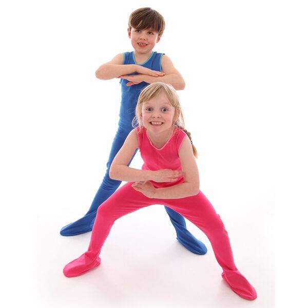 Young boy and girl having fun playing while wearing ScratchSleeves superhero dungarees. Eczema dungarees in bright colours, showing the fit is loose and comfortable and that eczema clothing does not have to be boring.