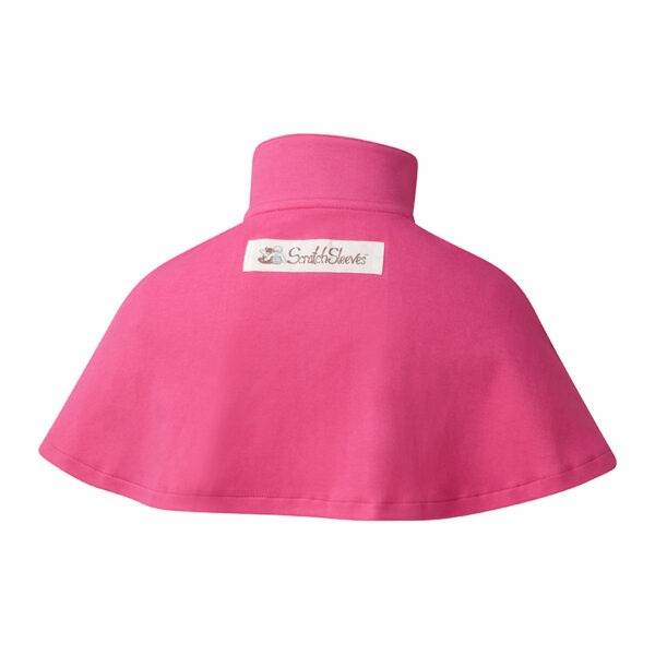 Back view of ScratchSleeves children's happy pink superhero cape with collar. 100% knitted cotton with covered neck seam and external branding.