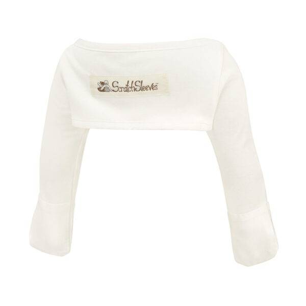 Back view of babies bolero style supersensitive ScratchSleeves. White dye-free body and long sleeves with white sewn in eczema mitts. 100% cotton body and 100% natural silk mitts. External branding in the middle of the back.