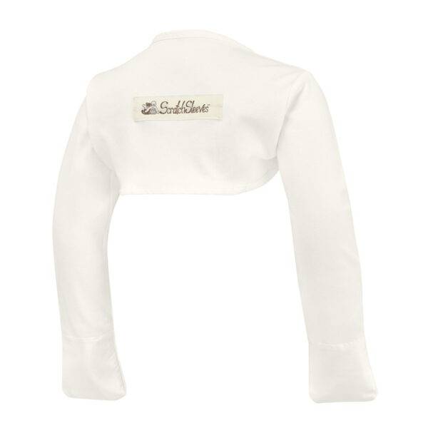 Back view of toddlers bolero style supersensitive ScratchSleeves. White dye-free body and long sleeves with white sewn in eczema mitts. 100% cotton body and 100% natural silk mitts. External branding in the middle of the back.