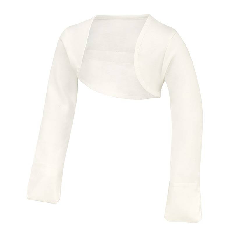 Front view of toddler's bolero style supersensitive ScratchSleeves. White dye-free body and long sleeves with white sewn in eczema mitts. 100% cotton body and 100% natural silk mitts.