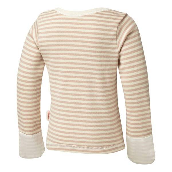 Back view of children's striped ScratchSleeves pyjama top. Cappuccino and cream striped body, envelope neckline with a cream trim and white sewn in mitts. 100% cotton body and 100% natural silk mitts.