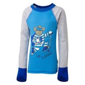 Front view of children's superhero ScratchSleeves pyjama top with external shoulder, neck and hem seams with dark blue stitching. Kingfisher blue body with a print on the front of a bear wearing blue and white striped pyjamas and a blue cape, riding a scooter. Grey marl sleeves with dark blue neck and sewn in mitts. 100% cotton body and 100% natural silk mitts. External label on the left side towards the base of the top.