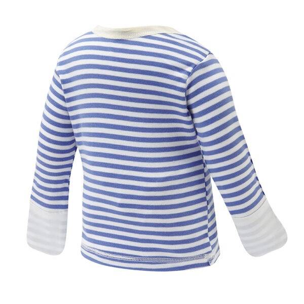 Back view of babies striped ScratchSleeves pyjama top. Blue and white striped body, envelope neckline with a cream trim and white sewn in mitts. 100% cotton body and 100% natural silk mitts.