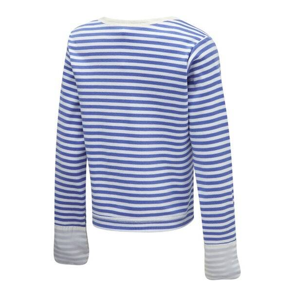 Back view of children's striped ScratchSleeves pyjama top. Blue and white striped body, envelope neckline with a cream trim and white sewn in mitts. 100% cotton body and 100% natural silk mitts.