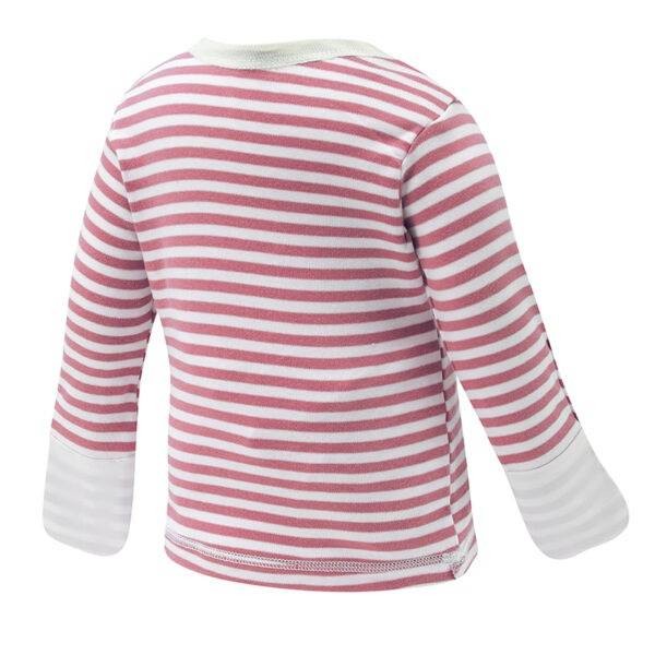 Back view of babies striped ScratchSleeves pyjama top. Pink and white striped body, envelope neckline with a cream trim and white sewn in mitts. 100% cotton body and 100% natural silk mitts.