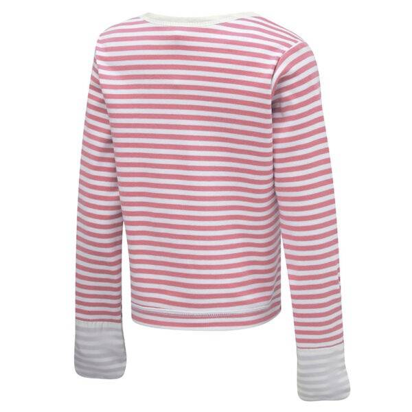 Back view of children's striped ScratchSleeves pyjama top. Pink and white striped body, envelope neckline with a cream trim and white sewn in mitts. 100% cotton body and 100% natural silk mitts.