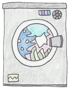 Pencil drawing of washing machine filled with laundry