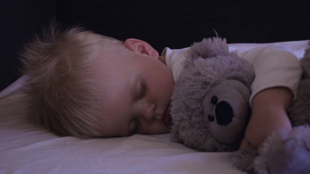 Little boy sleeping in a darkened room. He has an arm around his teddy bear,
