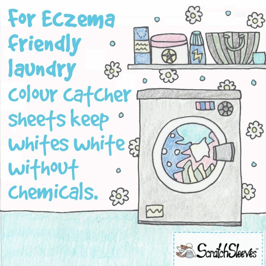 Line drawing of washing machine with text: For eczema friendly laundry: colour catcher sheets keep whites white without chemicals