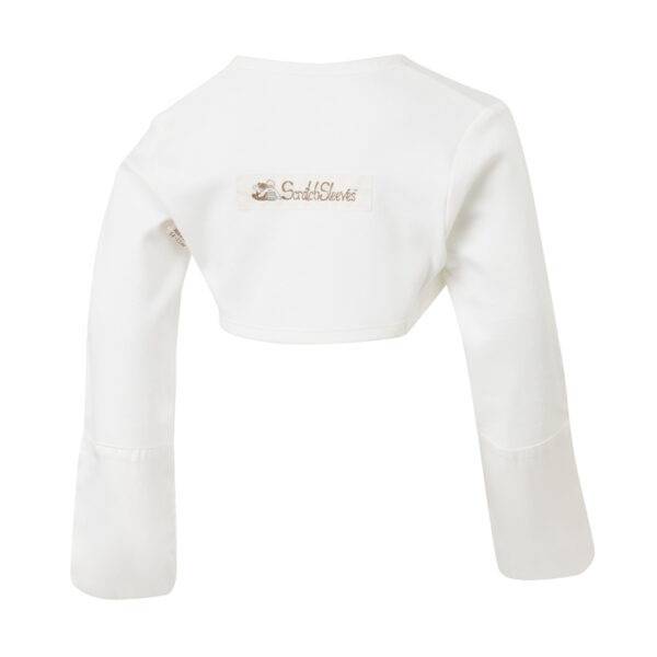 Back view of babies, toddlers and children's bolero style dye-free cross-over ScratchSleeves. Off-white body and long sleeves with sewn in eczema mitts that extend further up the arm than the other styles. 100% cotton body and 100% natural silk mitts. External branding in the middle of the back.