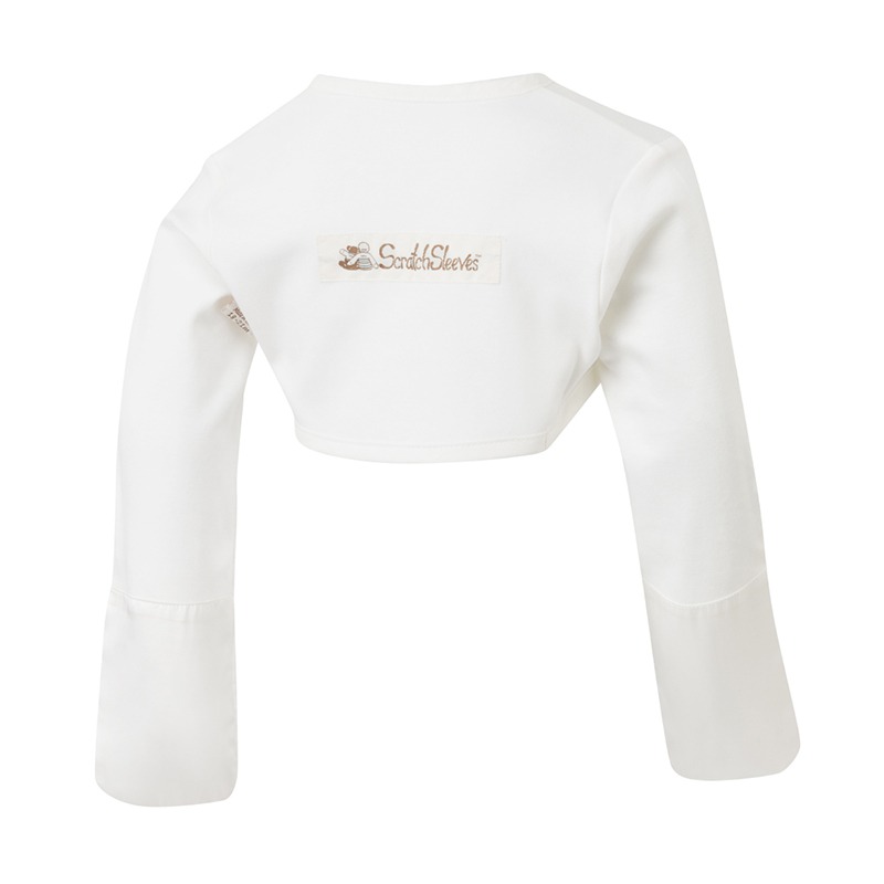 Back view of babies, toddlers and children's bolero style dye-free cross-over ScratchSleeves. Off-white body and long sleeves with sewn in eczema mitts that extend further up the arm than the other styles. 100% cotton body and 100% natural silk mitts. External branding in the middle of the back.