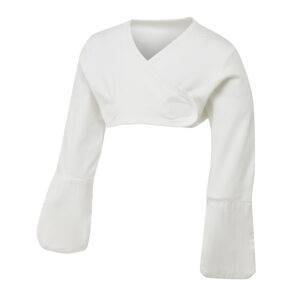 Front view of babies, toddlers and children's bolero style dye-free cross-over ScratchSleeves. Off-white body and long sleeves with sewn in eczema mitts that are extended further up the arm than the standard ScratchSleeves. Cross-over front with two hook and loop tabs which secure the ScratchSleeves firmly in place. 100% cotton body and 100% natural silk mitts.