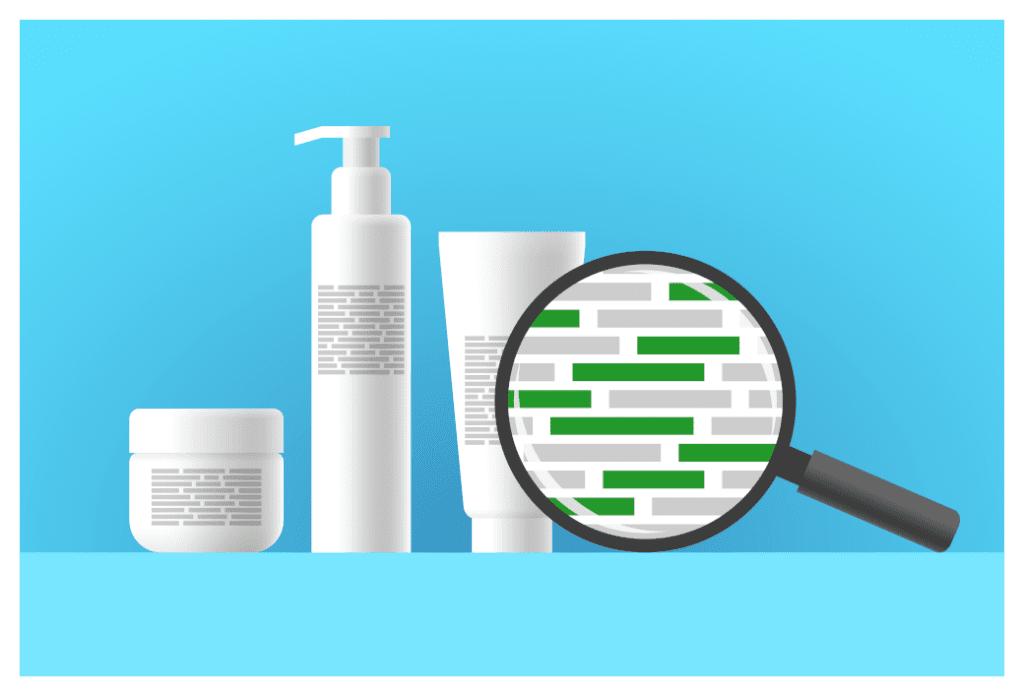 Graphic showing different shapes tubs/tubes of skincare ingredients with a magnifying glass highlighting skincare ingredients to avoid