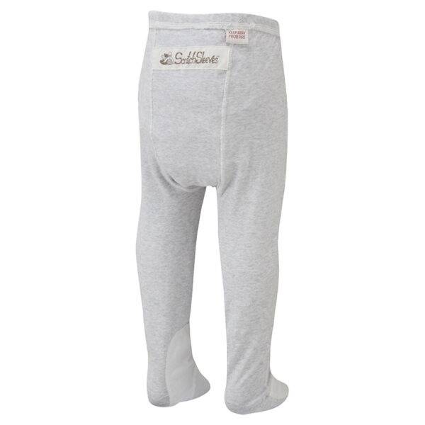 Back view of ScratchSleeves babies, toddlers and children's pyjama bottoms with sewn in feet. External leg, waist and bottom seams. Closed feet with a layer of white, 100% woven cotton over the front of the foot, under the toe and inside the ankle. Grey marl 100% cotton jersey legs with white external seams. External label and branding on the back near the top of the pyjama bottoms.