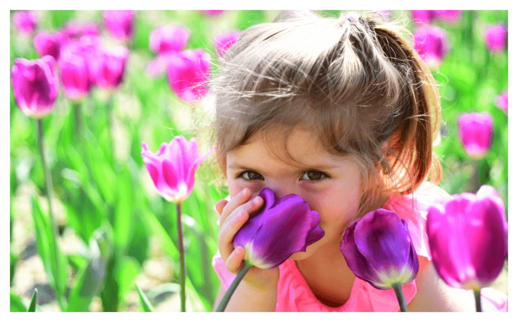 Little girl in a field of tulips with sore eyes, demonstrating the problem of eczema in the spring