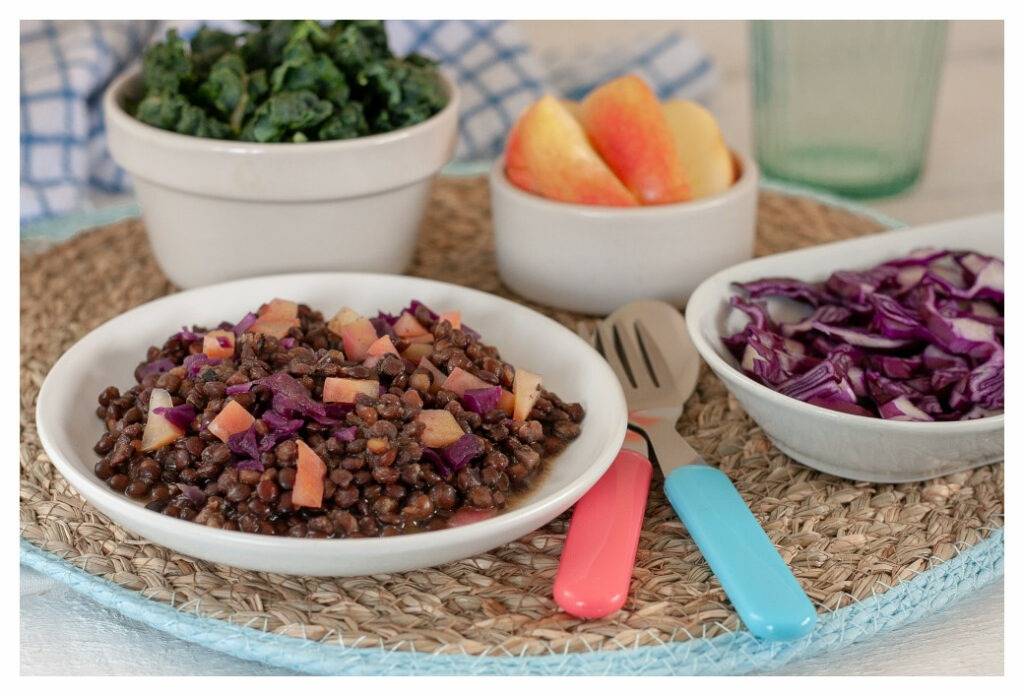 Puy lentils with red cabbage and apple served for a young child in a white bowl with brightly coloured children's cutlery.