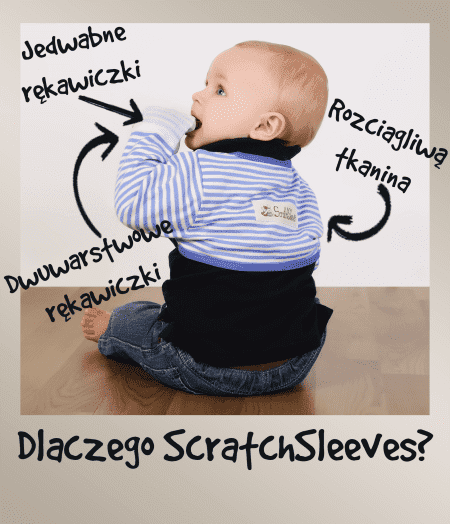 Mały chłopiec ubrany w niebiesko-białe rękawiczki do drapania ScratchSleeves, z adnotacją pokazującą, jak działają w ograniczaniu drapania przy egzemie