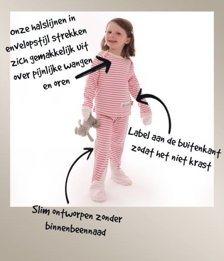 4-jarig meisje draagt een ScratchSleeves gestreepte PJ-set, met aantekeningen om te benadrukken hoe het ontwerp eczeemirritatie en krabben minimaliseert