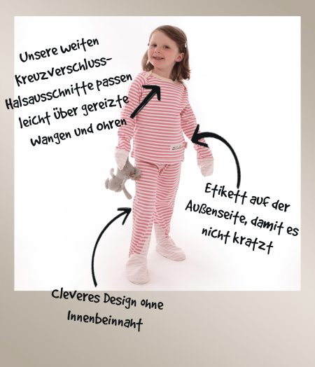 4-jähriges Mädchen trägt gestreifte Pyjama-Sets von ScratchSleeves, mit Anmerkungen versehen, um hervorzuheben, wie das Design Ekzemreizungen und Kratzer minimiert